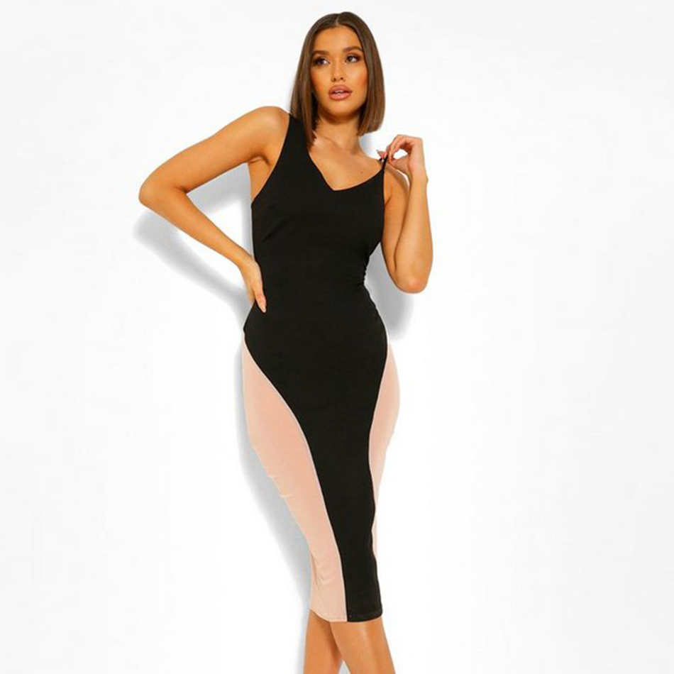 Free Women's Contrasting Color Bandage Dress Sexy Spaghetti Strap V-neck Bodycon Club Night Party Midi Dresses 210524