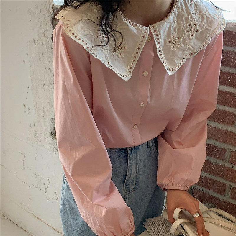 Korean Patchwork Lace Peter Pan Collar Casual Brief Chic Sweet Girls High Quality Femme Loose All Match Shirts 210421