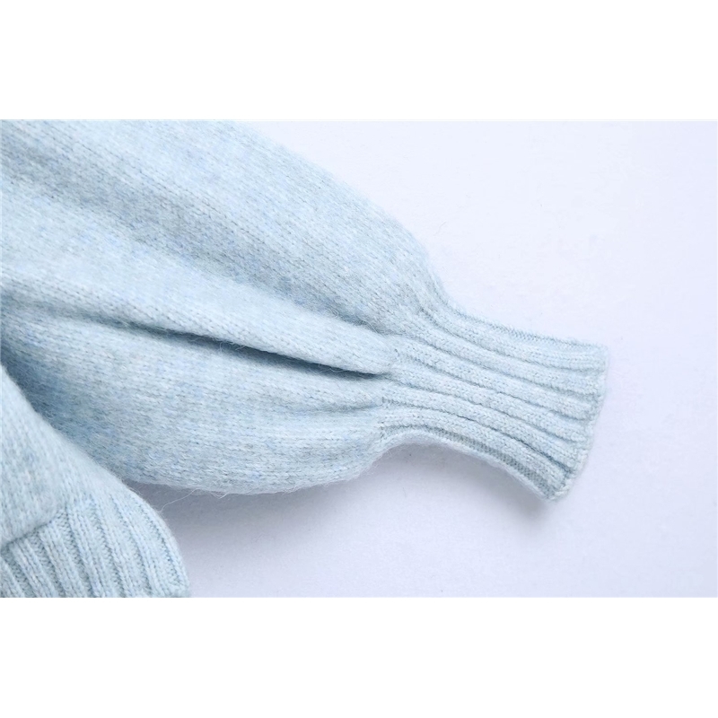 Sweet Women Sky Blue Sweater Fashion Ladies Diamonds Button Coats Elegant Female Chic Knitted Puff Sleeve Cardigan 210527