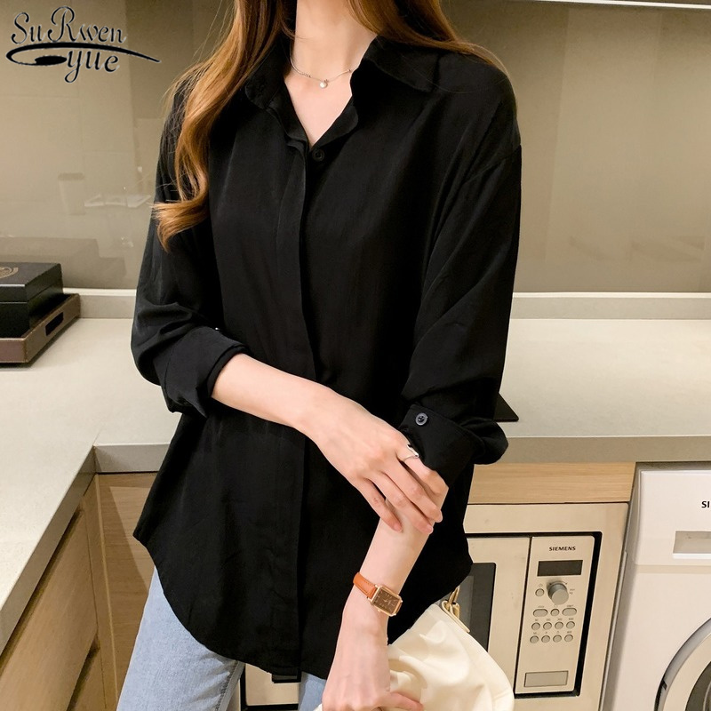 Autumn Black Long Sleeve Fashion Women Blouses Korean Office Lady Style POLO Collar Simple Woman's Shirts Blusas Mujer 10779 210508