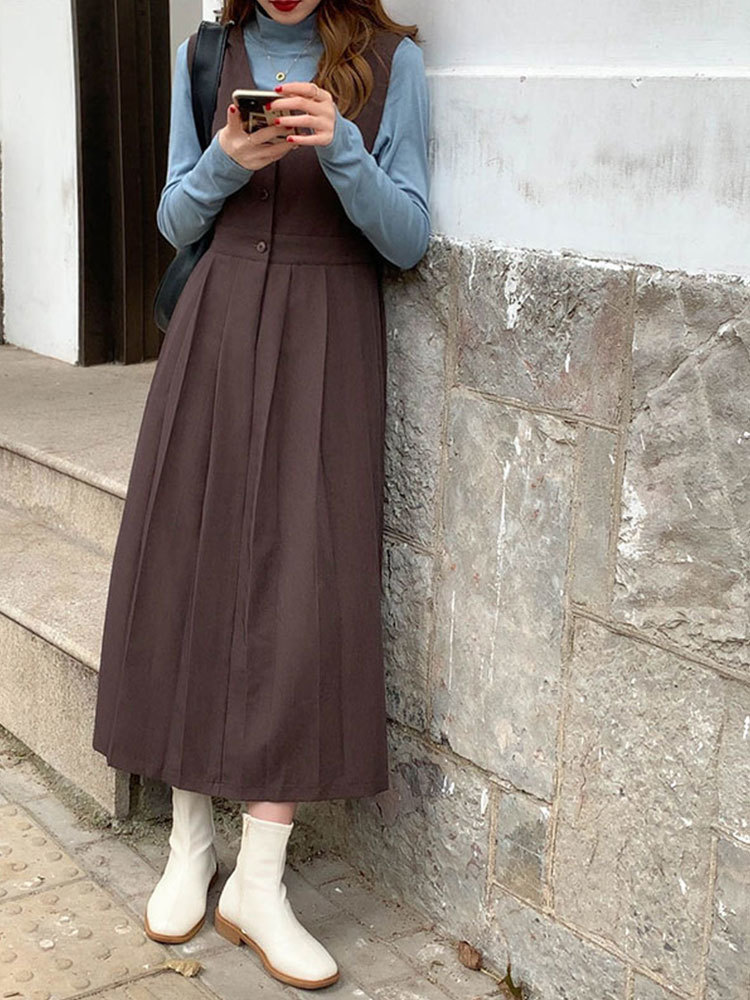 2colors long dress autumn Soild color loose spaghetti strap Sleeveless autumn dress womens pleated dresses (X1642) 210423