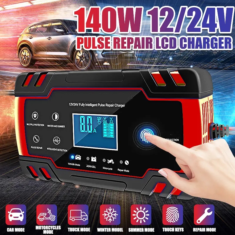 12V/24V 8A Touch Screen Pulse Repair LCD Battery Charger Red For Car Motorcycle Lead Acid Battery Agm Gel Wet - US Plug