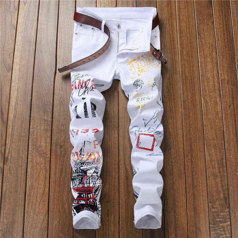 Fashion Mens Graffiti Jeans Stretch White Black Casual Trousers Elastic Pencil Pants Slim Denim For Men 211111