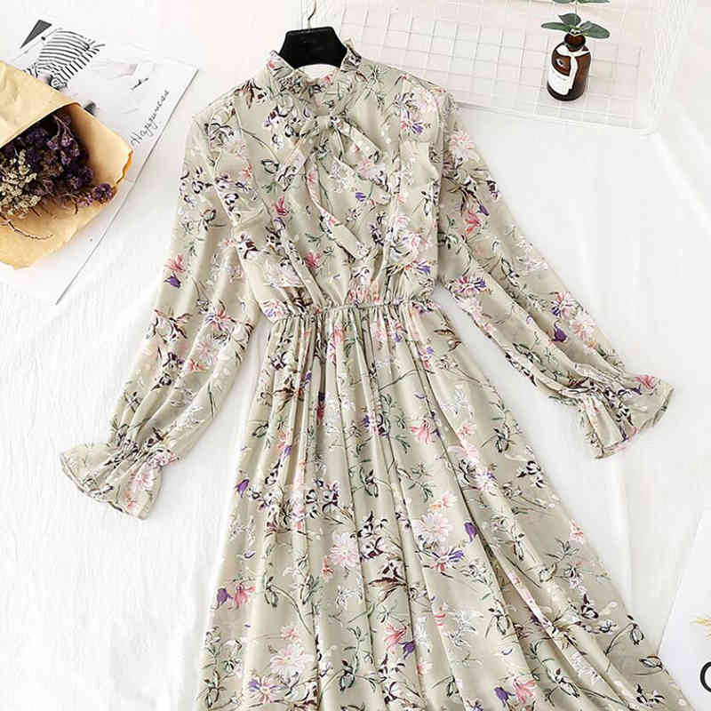 Women Flower Print A-Line Chiffon Dress Long Sleeve Ruffles Mid-Calf Party Dresses Vestidos Elastic Waist Vintage Dress 210521