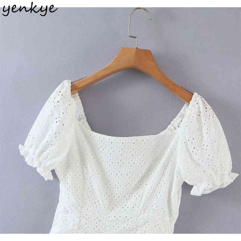 YENKYE Fashion Women White Draped Sexy Lace Dress Female Square Neck Short Sleeve Bodycon Mini Dress Summer Party Vestido 210515