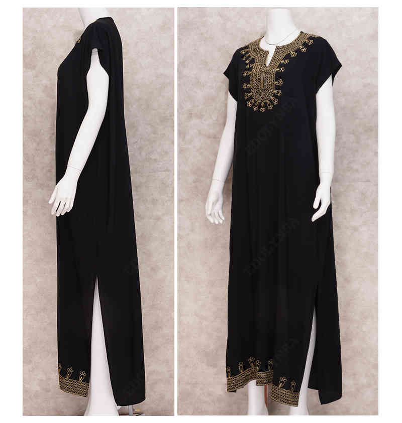 100% Cotton Elegant Embroidered Mandarin Collar Short Sleeve Side Split Summer Dress Women Street Wear Casual Maxi Dress N1154 210409