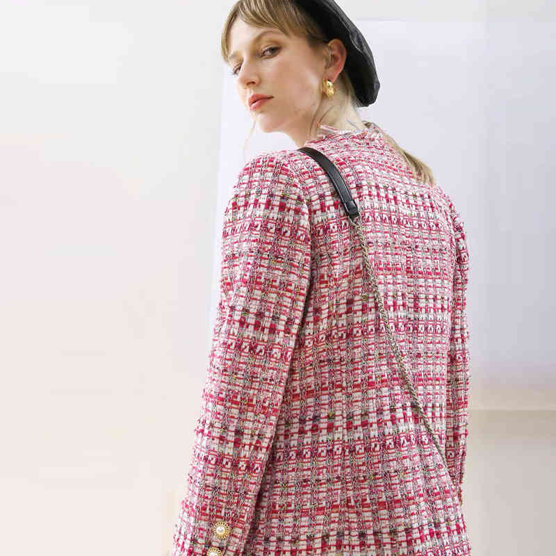 Autumn Winter Vintage Pink Plaid Jackets Coat Women Tweed Overcoat Tassel Long Sleeve Slim Jacket Tops Female Outwear 210421