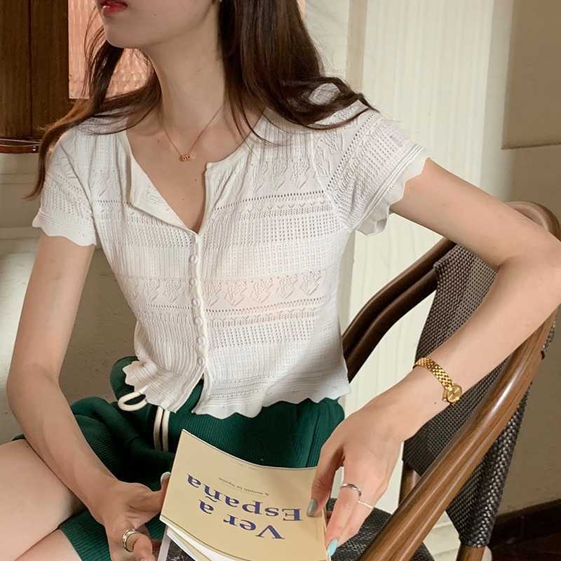 Elegant Hollow Out Wave Short Sleeve T-Shirts Summer Thin Knit Clothes Single-Breasted Top Cardigan Solid Blouses for Women 210525