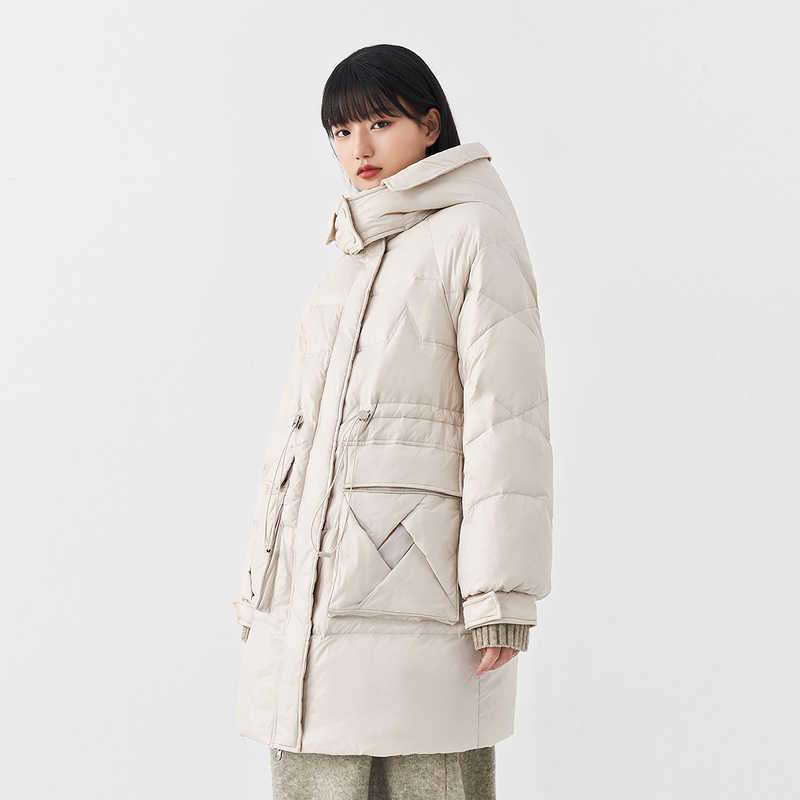 INMAN Winter Double Buckle Cuff Adjustable Drawstring Belt High Stand Collar Hooded Women's Down Jacket 211007