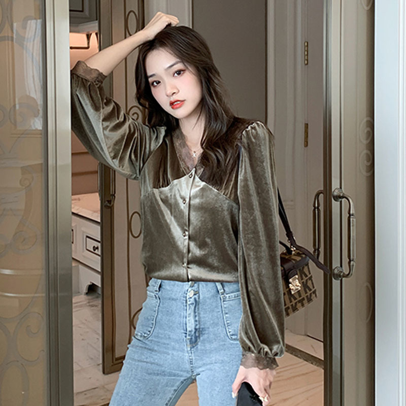Gold Velvet Lace Women's Shirt Autumn and Winter Korean Slim V-neck Blouse Women Long Sleeve Bottoming 12627 210427