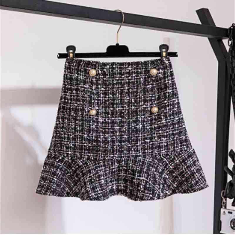 Autumn Winter Two Piece Set Women Elegant Beading Knitted Sweater+High Waist Tweed Plaid Mermaid Skirt Ladies Outfits 210520