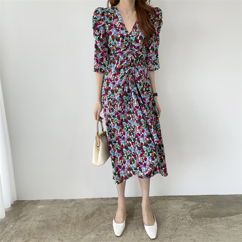 Elegance Chic All Match Chiffon Casual Florals Sexy V-Neck Summer Office Lady Retro Vintage Women Dresses 210421