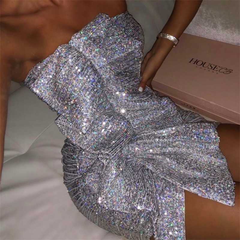 Sexy Women Silvery Reflect Light Mini Dress Fashion Ladies Draped Ruffles Vestidos Sweet Female Chic Slim Dresses 210527