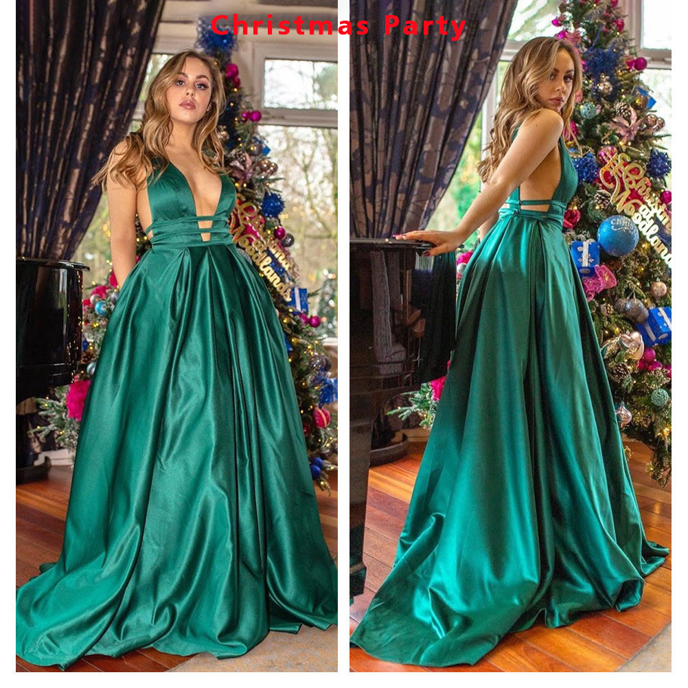 Sexy Red Evening Dresses V Neck Backless Satin Prom Dresses Long Elegant Evening Gown Robe De Soiree Christmas Party Dress Plus