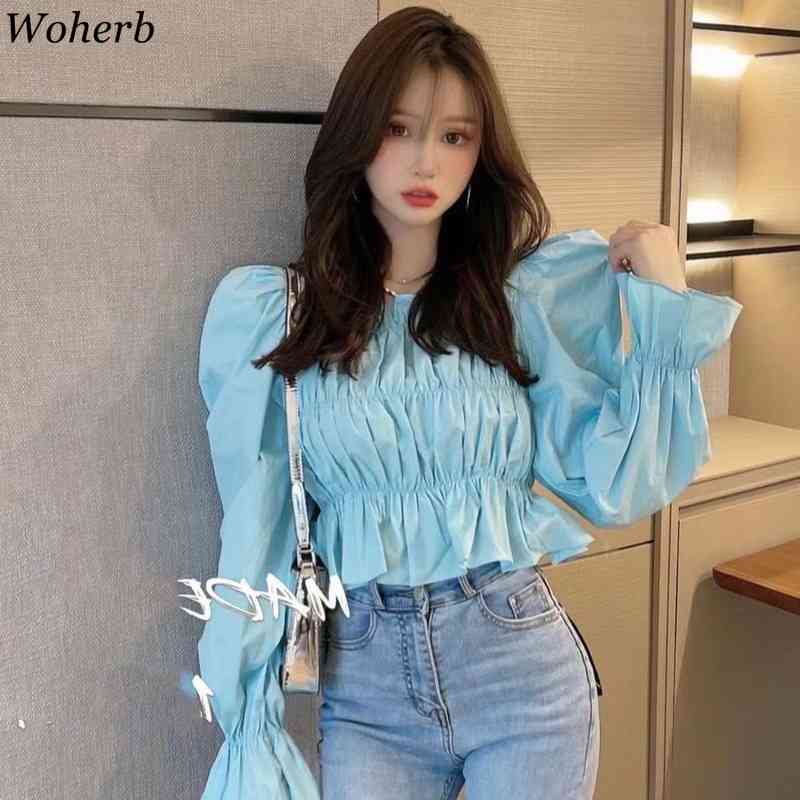 Korean Long Puff Sleeve Slim Crop Top Blouses Women Ruffles Pleated Vintage Blusas Mujer Summer Chic Shirt 210519