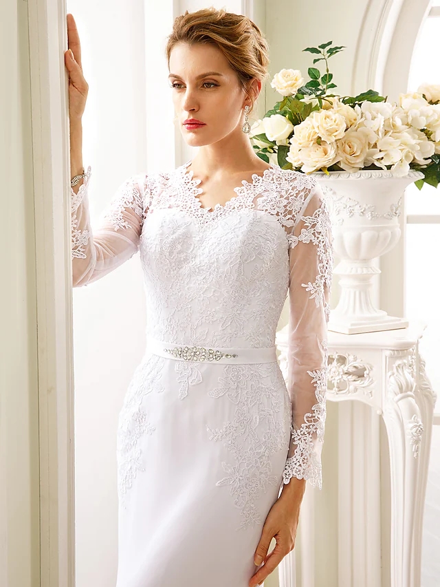 2022 Bridal Gown Trumpet Wedding Dress V Neck Court Train Chiffon Floral Lace Long Sleeve Sexy See-Through Backless Illusion Vestido De Noiva Robe De 