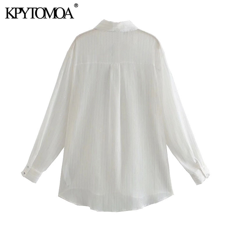 Women Fashion Semi-Sheer Metallic Thread Striped Blouses Long Sleeve Button-up Female Shirts Chic Tops 210420