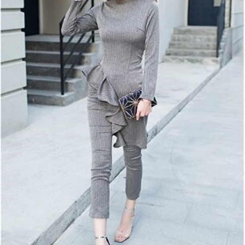 Spring Retro Elegant 2 Pieces Set Office OL Gray Suits For Women Long Sleeve Ruffles Chic Tops and Slim Pants Suit Vestido 210519
