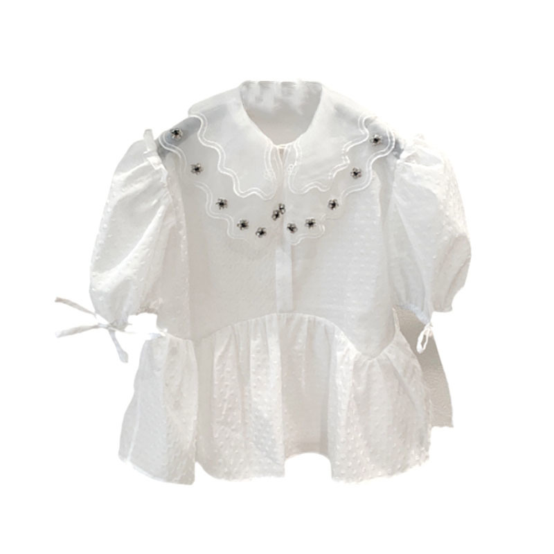 Nomikuma Korean Beads Mesh Peter Pan Collar Women Blouse Shirt Summer New Lace Up Puff Sleeve Ruffle Sweet Blusas 6G705 210427