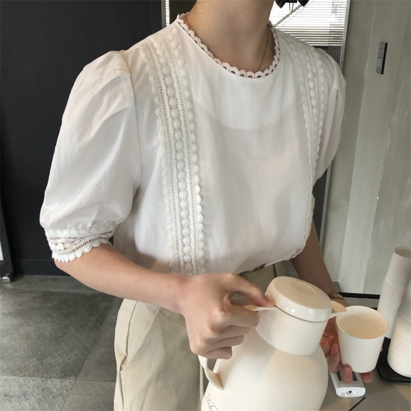 Nomikuma Lace Patchwork Blouse Women Summer Puff Sleeve Shirts Causal O-neck Korean Blusas Mujer De Moda 6H499 210427