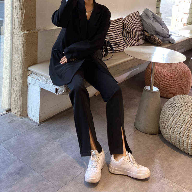 JuneLove Vintage Long Flare Pant Korean Streetwear Sexy High Waist Trousers Lady Casual Front Split Bell Bottom Pant 211124Z