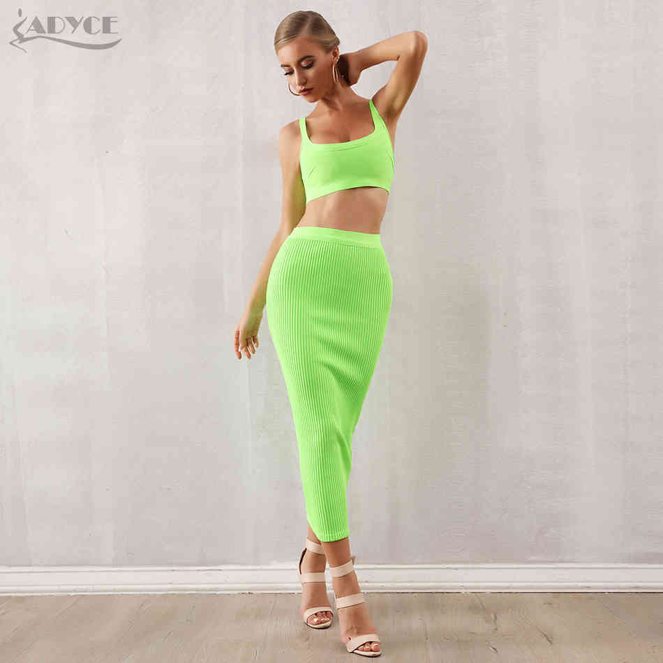 Summer Women Bodycon Bandage Sets 2 Two pieces Set Top Green Strapless Sleeveless Celebrity Evening Party Dresses 210423