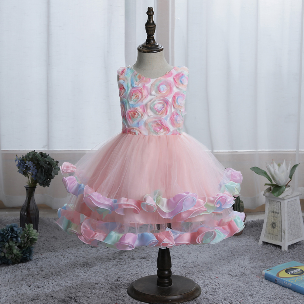 Vintage Flower Girls' Dresses Graduation Light Blue Clothes Kids Formal Wear With Lace 3D Rose Flowers Tutu A-line Tea-Length In Stock Birthday P