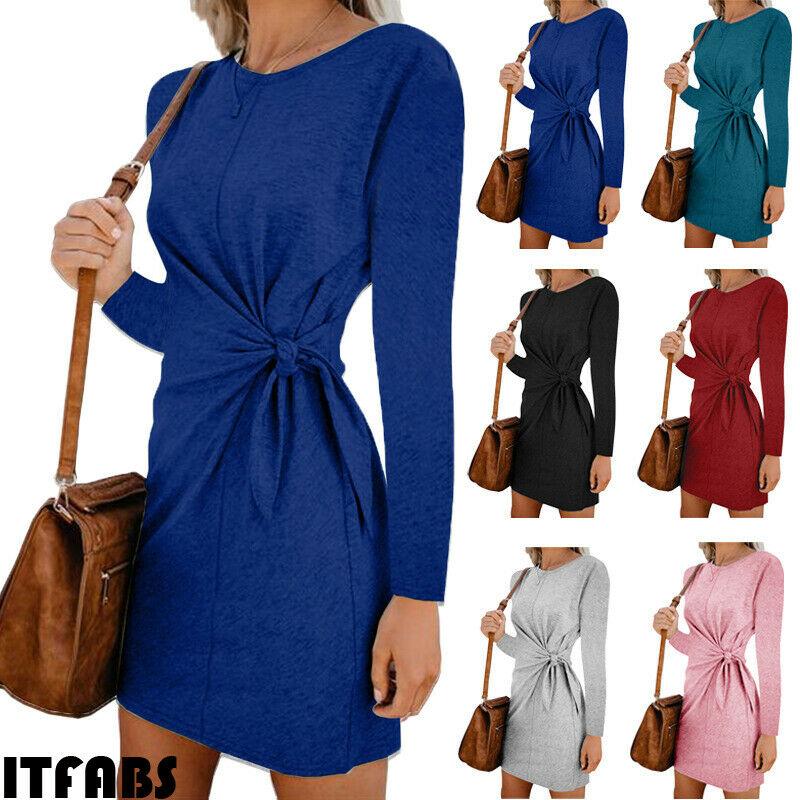Fashion Women's Fall Winter Casual Mini Dress Sweatshirt Long Sleeve Crew Neck Lace-Up Solid Slim Tunic Top Shirt Office Dresses