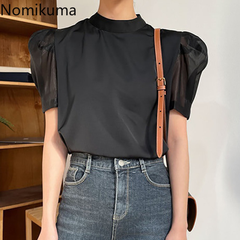 Nomikuma Puff Short Sleeve Women Blouse Spring Summer New Pullover Shirt Causal O-neck Femme Elegant Blusas Top 6E618 210427