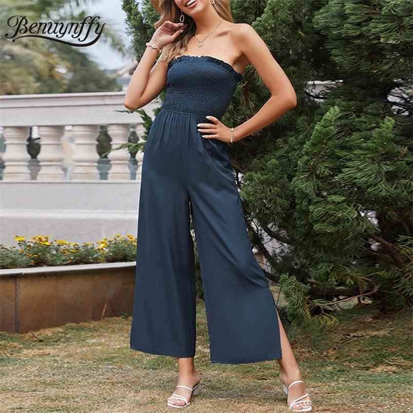 Shirred Frill Trim Solid Tube Jumpsuits Women Summer Boho Sexy High Waist Sleeveless Ladies Split Wide Leg Jumpsuit 210510