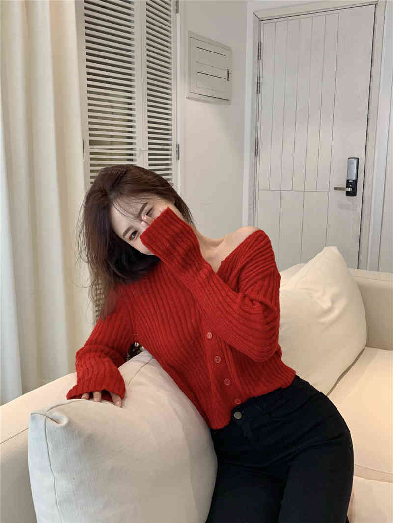 autumn korean style knittd cardigans womens loose Vintage Red slim sweaters cardigan womens tops (R99482) 210423