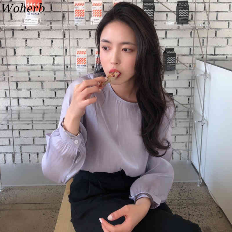 See Through Shirts Women Spring Summer Solid Long Puff Sleeve Ladies Blouses Loose Casual Female Tops 210519