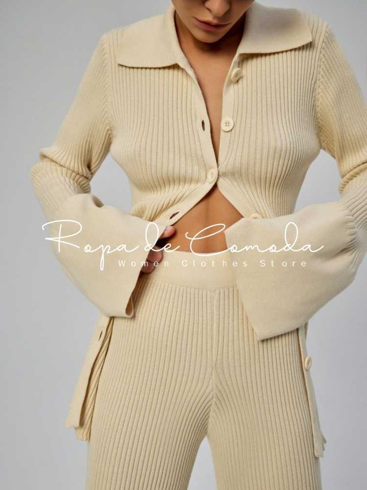 Sweater Solid Color Suits Women Matching Sets Oversize Fleece Pants Roll Collar Knitted Top Flare sleeve Spring Summer 211018