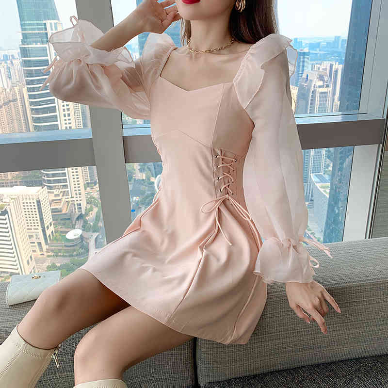 Spring Women Eleagnt Slim Dress Vintage Waist Bandage Tie Cross Fashion Ruffles Sweet Mini Vestidos 210519