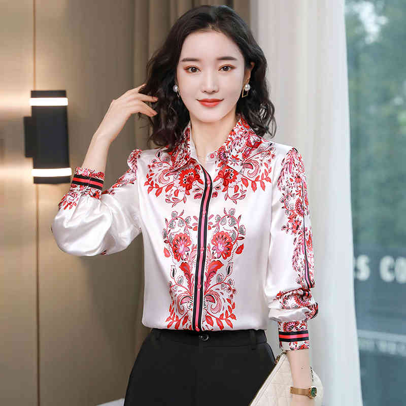 Womens Tops Silk Button Up Shirt Spring Satin Printed Long Sleeve Top Women Blouse and Tops 210512