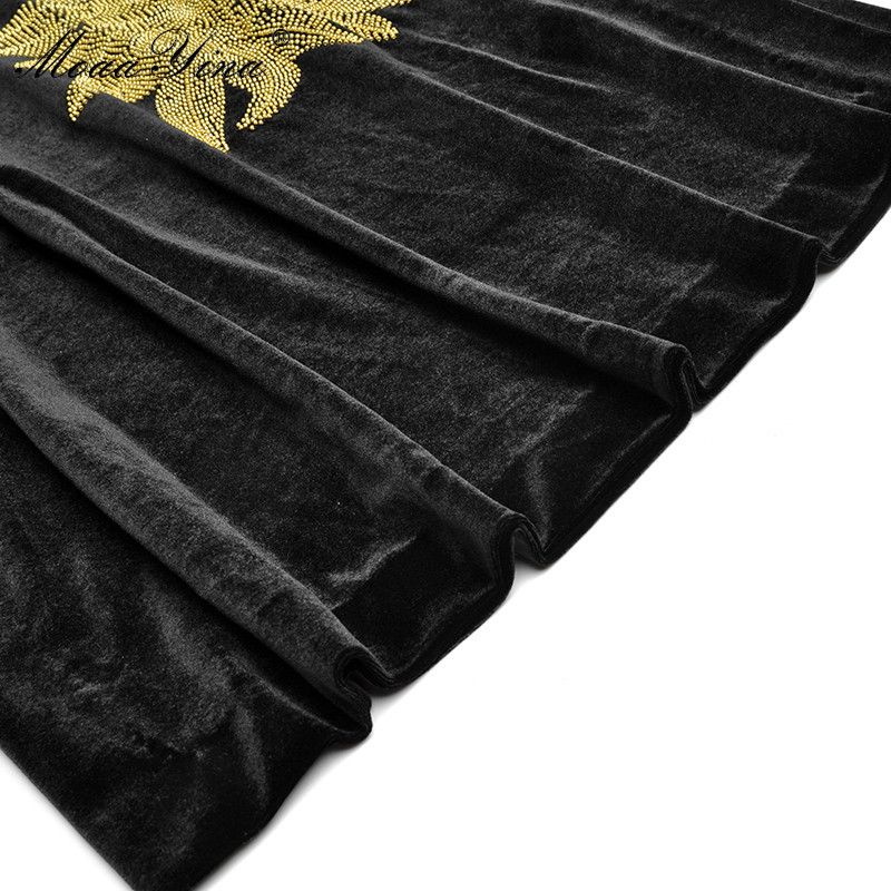 Fashion dress Spring Autumn Women Dress Long sleeve Gold Line Embroidery drilling Black lace-up Velvet Dresses 210524