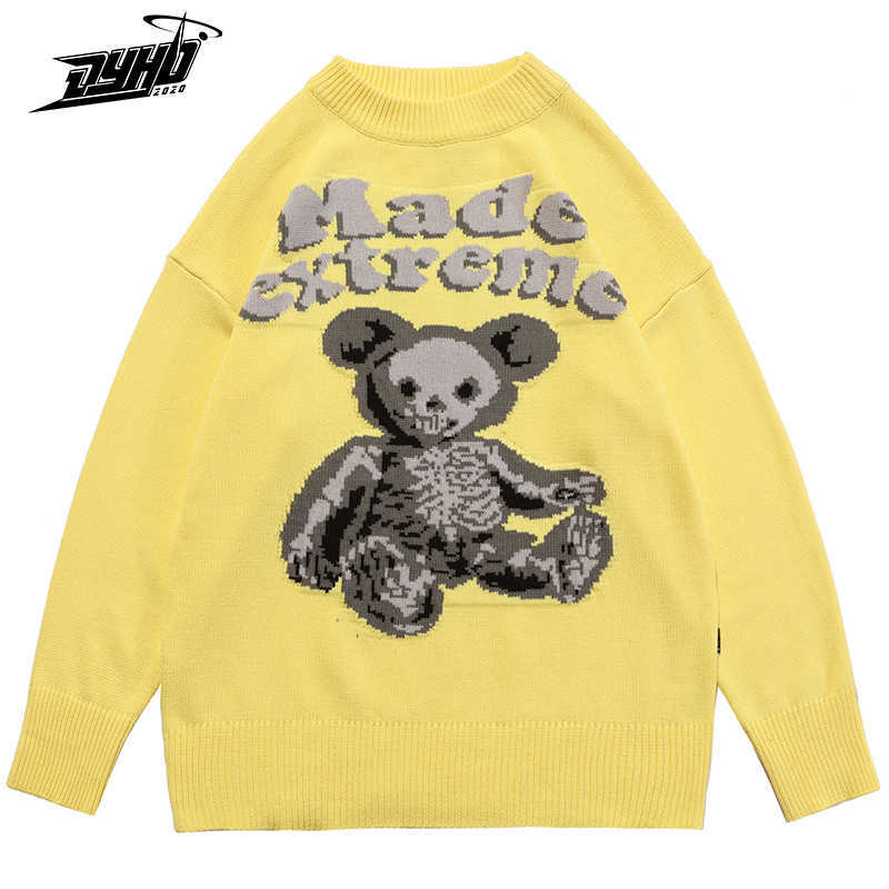 Mens Oversized Sweater Bear Skeleton Knitted Sweater Autumn Vintage Streetwear Retro Pullover Women Cotton Knitwear Unisex 210929