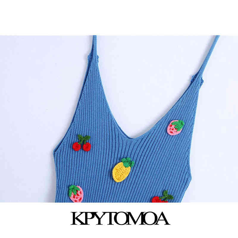 Women Fashion Patchwork Fruit Embroidery Ribbed Tank Tops Vintage V Neck Thin Straps Female Camis Mujer 210416