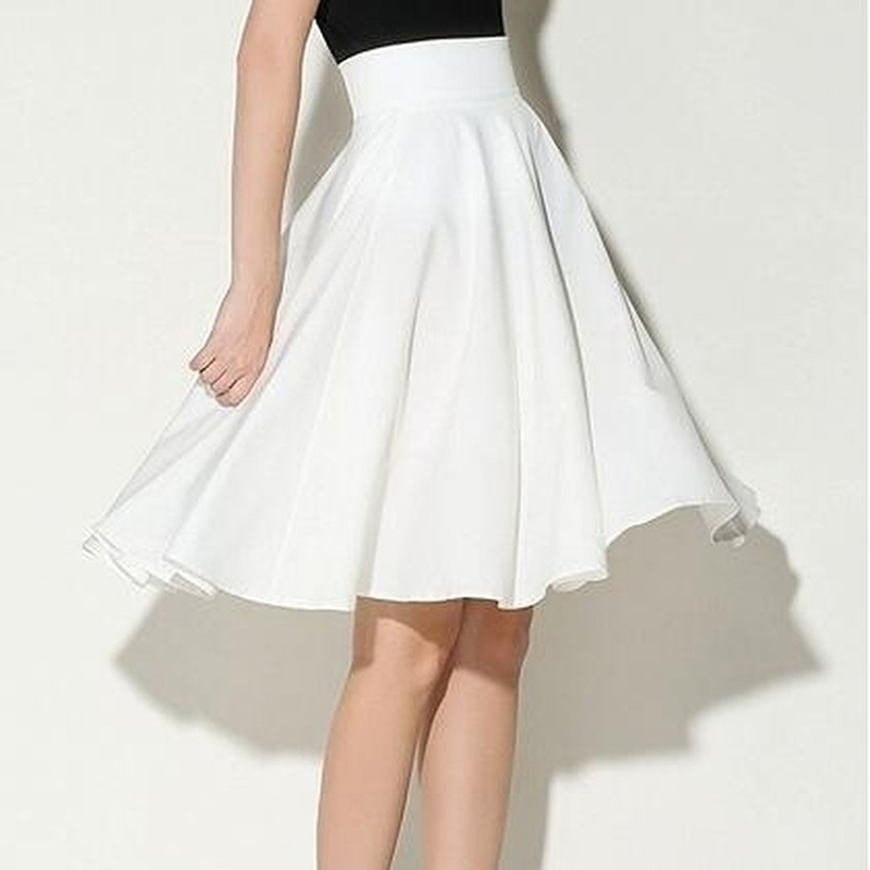 New Fashion Women Solid Knee-Length Big Swing Umbrella Skirt High Waist Vintage Ladies Midi Saia Skater Skirt 210408