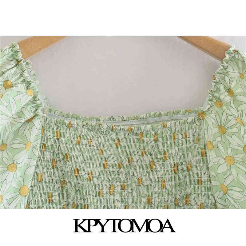 Women Chic Fashion Floral Print Smocked Linen Mini Dress Puff Sleeve Side Zipper Female Dresses Vestidos 210420