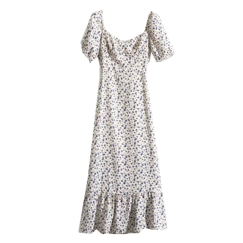 Vintage France Style Elegant Floral Print Slim Short Sleeve Dress Chic Ruffles A-line Midi Women Dresses Back zipper 210429