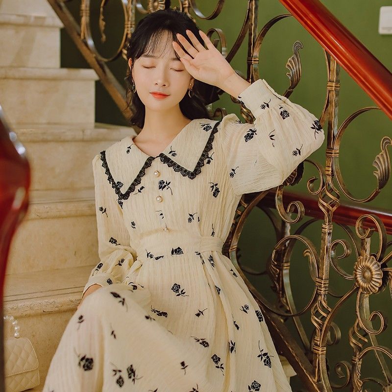 Floral Dress Women Evening Party Casual Long Sleeve Vintage Dress Female Peter Pan Collar One-piece Dress Korean Autumn 210409
