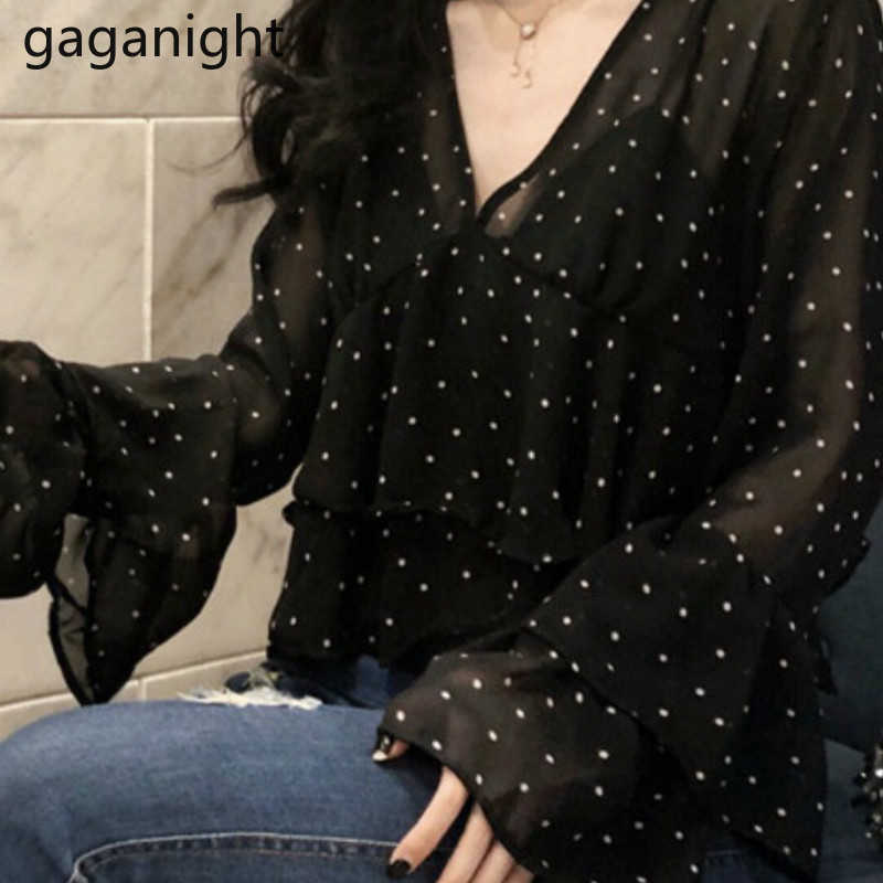 Spring Autumn Chic Vintage Women Blouses Polka Dot V-Neck OL Shirt Long Sleeve Korean Ruffles Lady Formal Blusas 210601