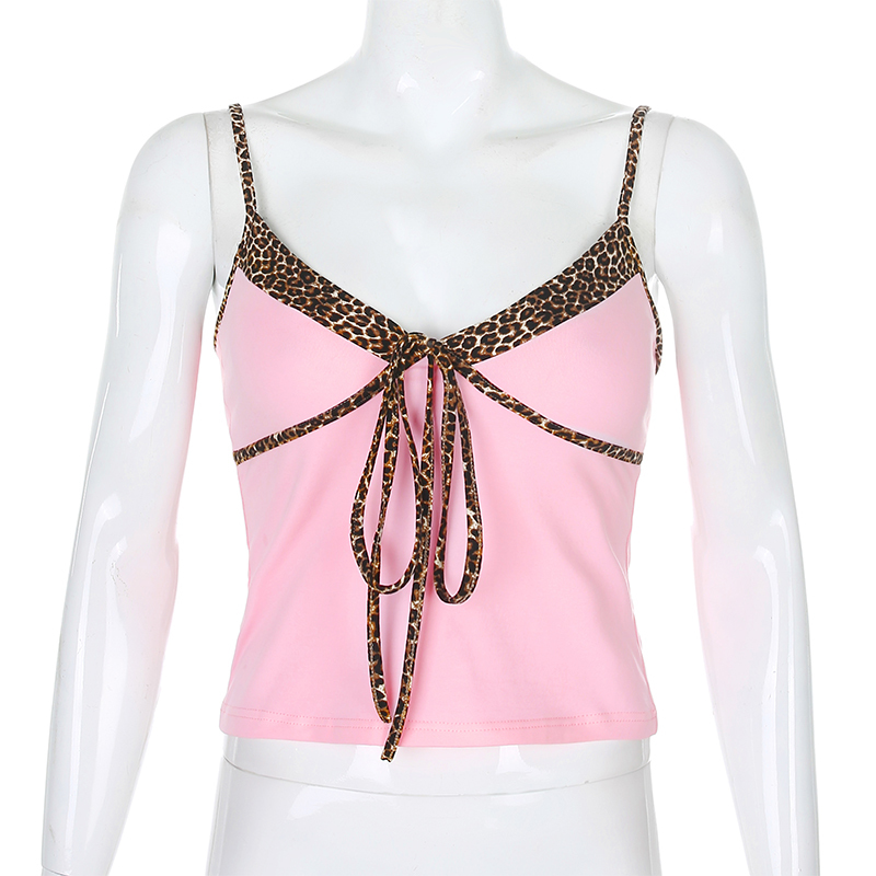 IAMHOTTY Pink Solid Patchwork Leopard Pint Y2K Crop Top Women V Neck Sexy Bodycon Casual Outfits Girls Tops Femme Harajuku Tees 210407