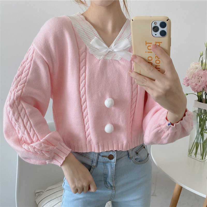 Lucyever Sweet Bowknot Knit Sweaters Women Autumn Casual Lantern Sleeve V Neck Pullovers Female Wild Knitted Short Sweater 210918