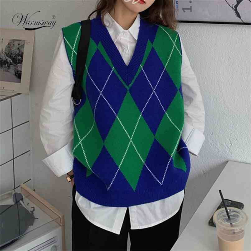 V Neck Vintage Argyle Sweater Vest Women Sleeveless Plaid Knitted Oversized Sweaters Casual Autumn Preppy Style C-223 210915