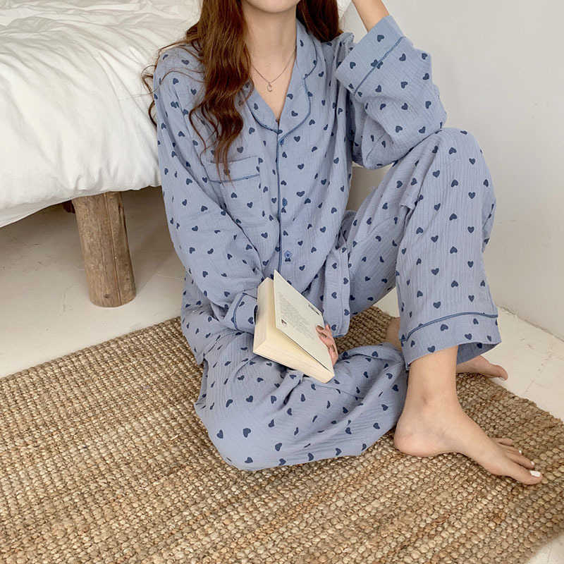 Autumn Winter Sleepwear 2 Pieces Sets For Women's Cotton Pajamas Turn-down Collar Homewear Large Size Pijama Pyjama Female 211007