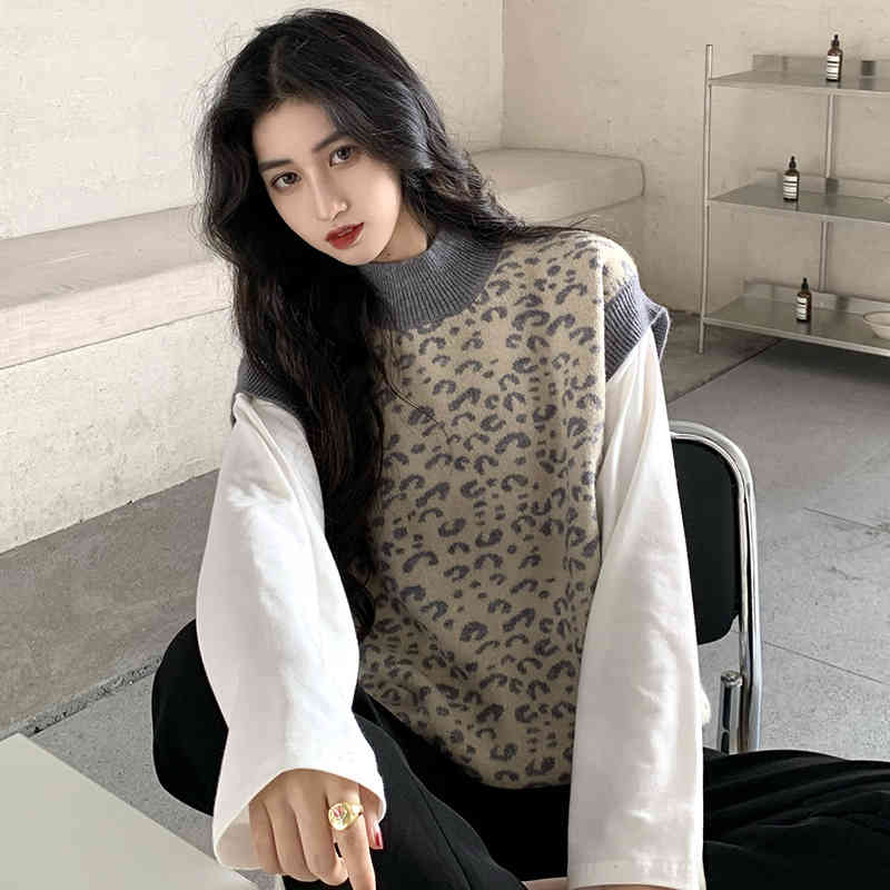2 colors korean style small turtleneck leopard vest sweaters womens loose knitted sweaters and pullovers (C9870) 210423