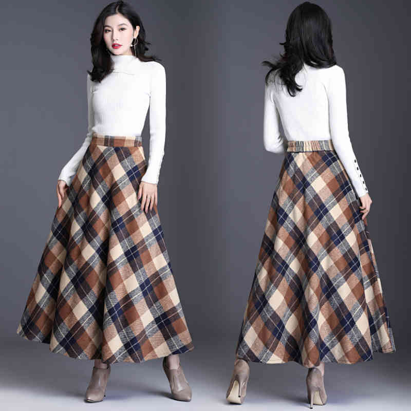 Skirt Womens Autumn Winter Plus Size3XL Elegant Korean Style Fashion Plaid Tall Waist Long Clothing Thickening 210428