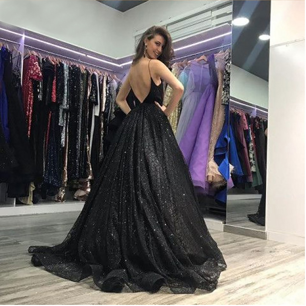 V-Neckline Backless Prom Long Evening Dresses with Split A-Line Spaghetti Straps Sweep Train Black Sequined Party Dress